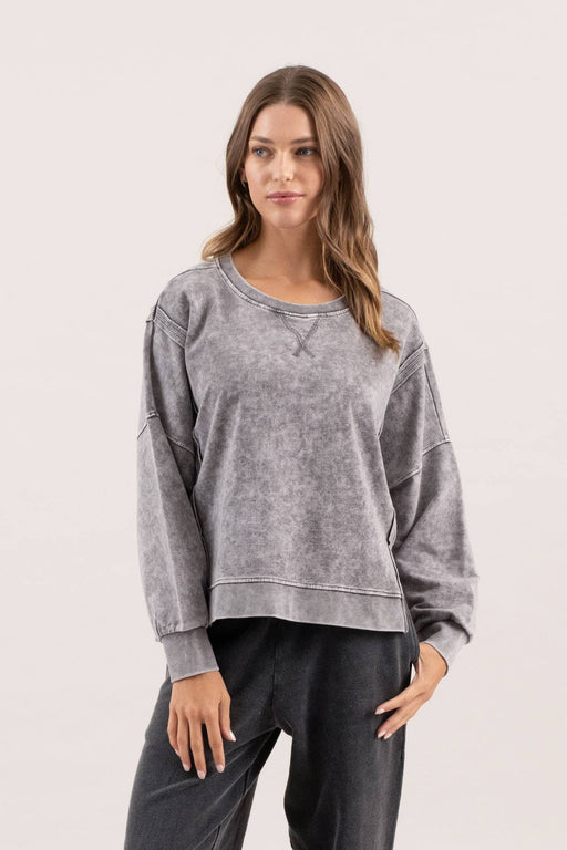 Blu Pepper women’s washed knit sweatshirt extended shoulder front charcoal grey color