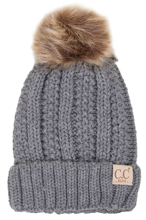 C.C. Kids Winter Hat Solid Color Lining Beanie with Pom