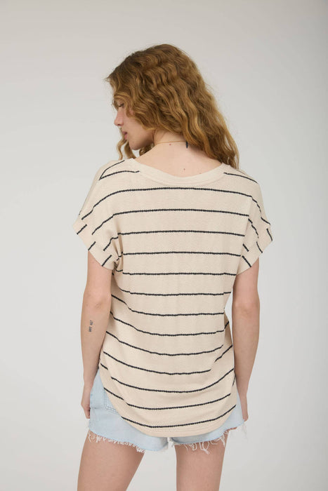 STRIPE V NECK CUFFED SHORT SLEEVE KNIT TOP