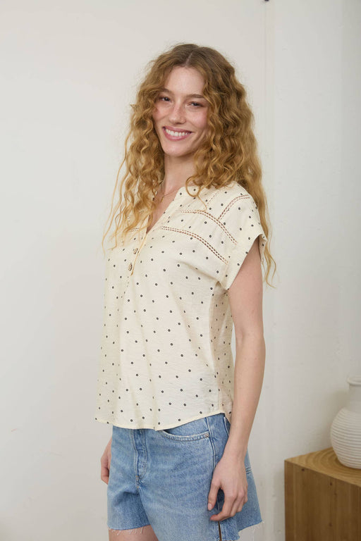 Linen blend polka dot blouse with button Henley neckline