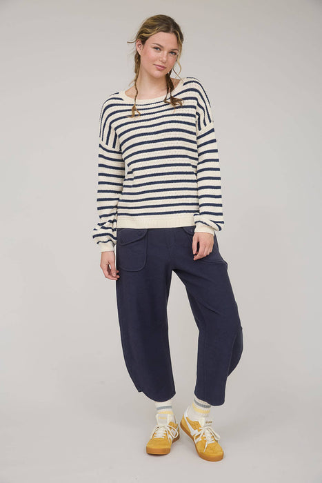 WOMENS CREW NECK DROP SHOULDER NAVY STRIPED SWEATER BLU PEPPER BRAND