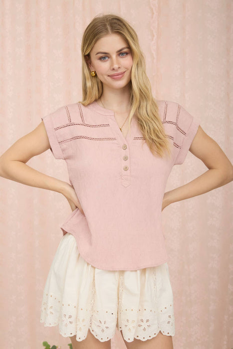 CROCHET LINE LACE HALF BUTTON SHORT SLEEVE TOP