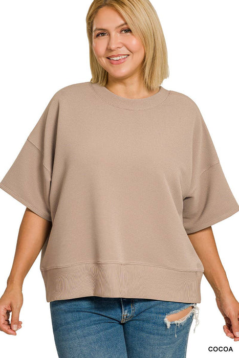 Plus Size Ribbed Round Neck Waist Banded Tee Shirt