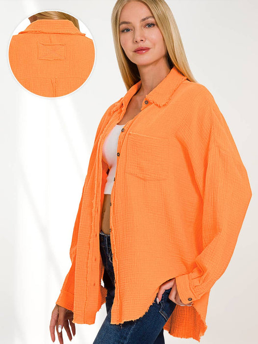 Women's Oversized Raw Edge Button-Up Shirt with Back Patch