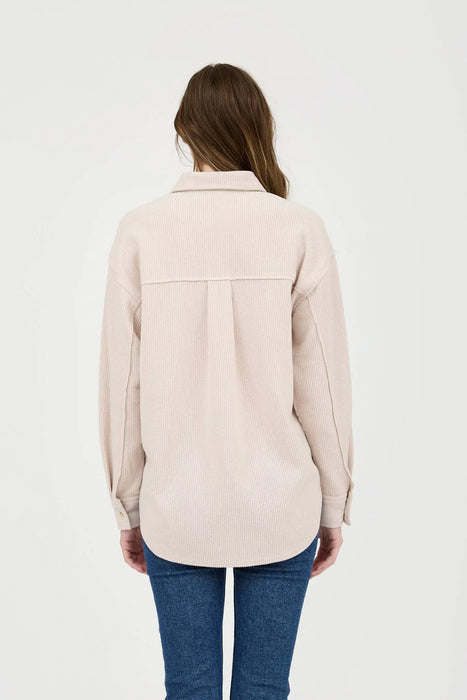 RIB KNIT EXPOSED SEAM BUTTON UP SHACKET JACKET