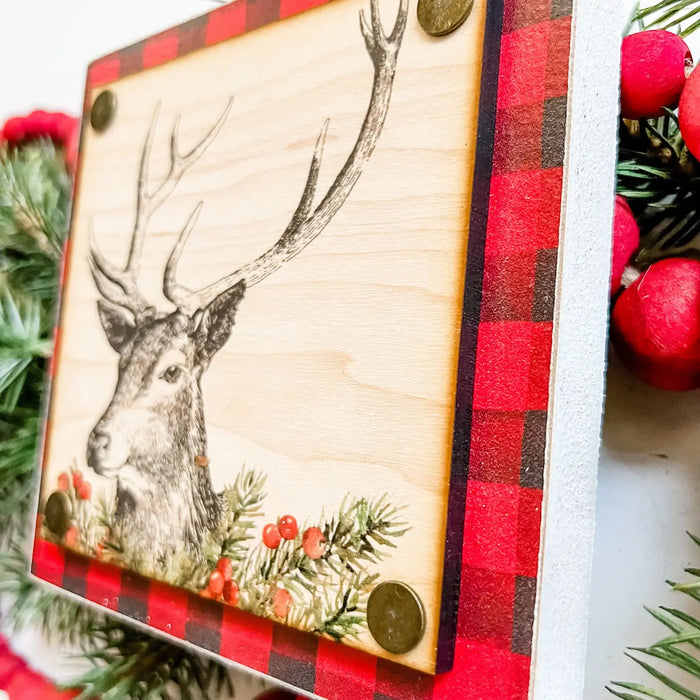 Christmas Mini Block Tiered Tray Signs Plaid Reindeer