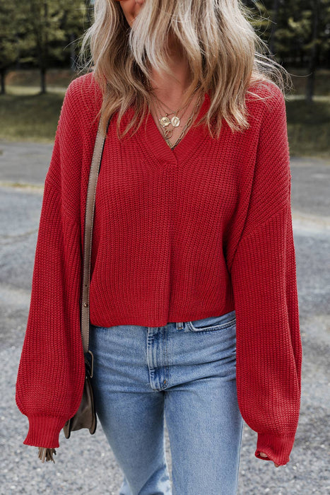 Solid Textured Knit V Neck Drop Shoulder Red Light Weight Sweater