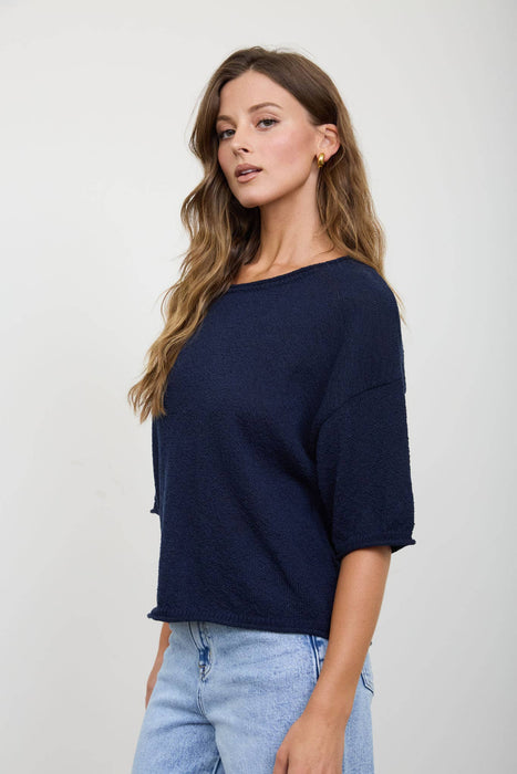 RAW EDGE BOXY SHORT SLEEVE KNIT SWEATER