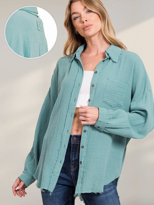 Women's Oversized Raw Edge Button-Up Shirt with Back Patch