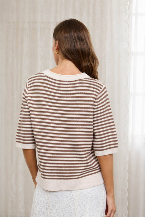 TEXTURED STRIPE CREW NECK HALF SLEEVE SWEATER