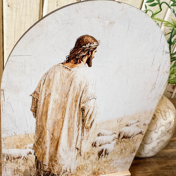 Jesus with Sheep Arched Wood Sign Shelf Sitter With Metal Stand