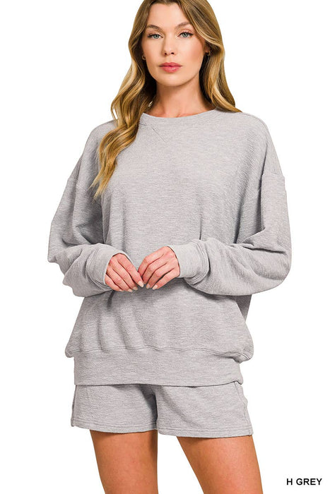 Trendy Gray Set Crew neck sweatshirt and elastic waist shorts set for women and girls at Heartland Store MN in Lewiston MN