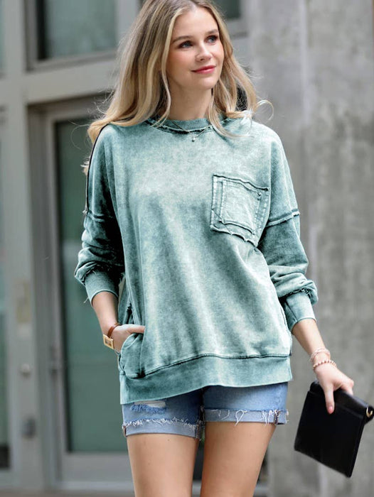 French Terry Acid Wash Pullover Women's Sweatshirt
