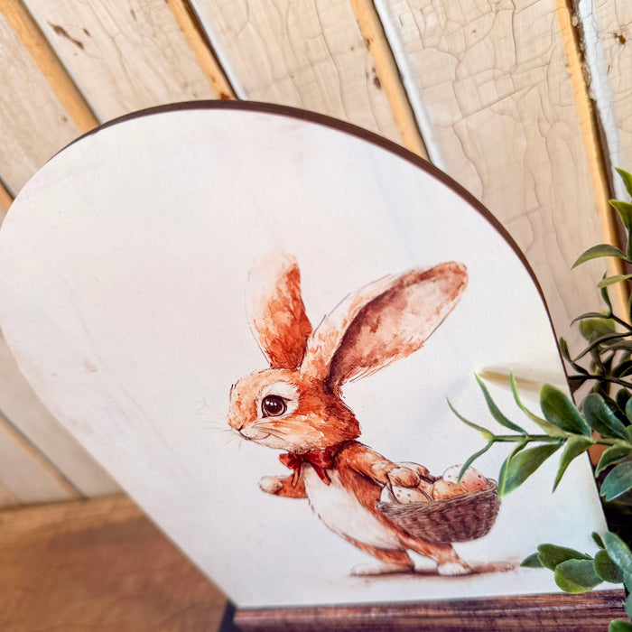 Bunny With Egg Basket Arched Wood Sign Shelf Sitter