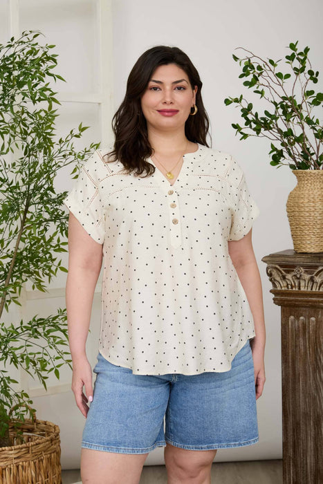 PLUS POLKA DOT LACE TRIM HALF BUTTON TOP