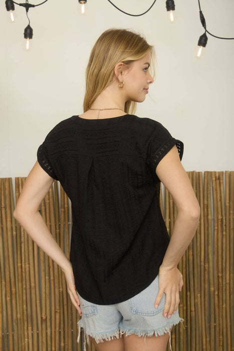 TEXTURED WOVEN PATTERN LINE LACE DETAIL TOP