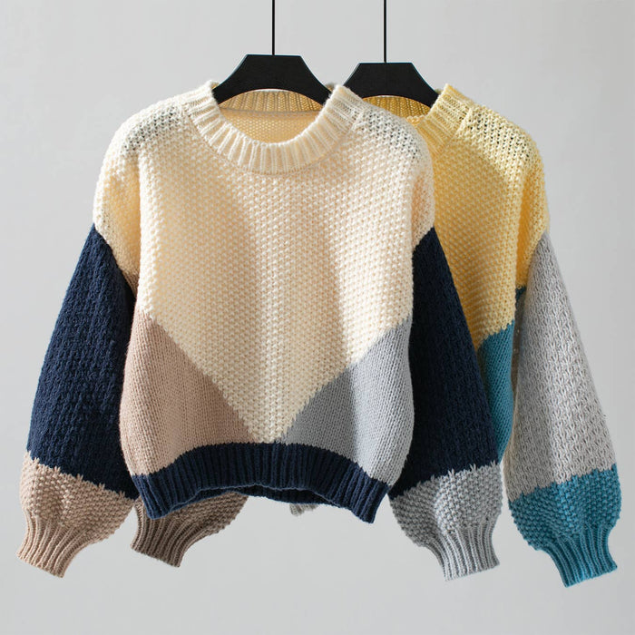 COLOR BLOCK CREW-NECK LONG-SLEEVED SWEATER Cozy Women's Knit Pullover