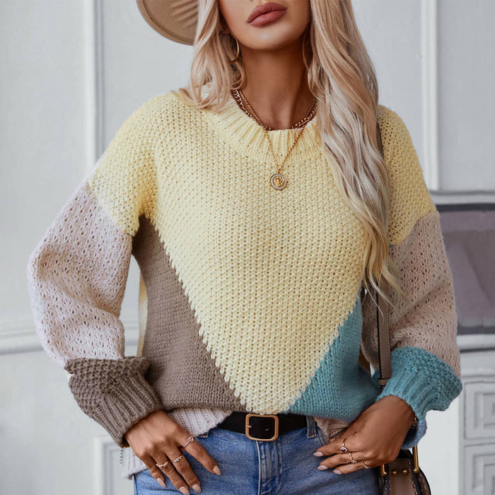 COLOR BLOCK CREW-NECK LONG-SLEEVED SWEATER Cozy Women's Knit Pullover