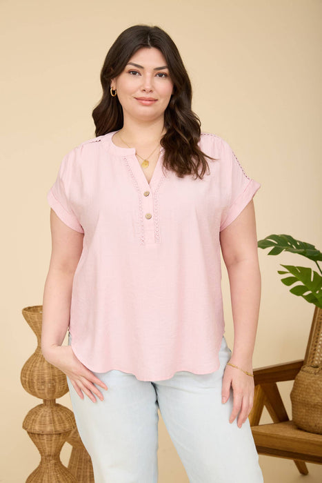 PLUS SIZE HALF BUTTON LACE TRIM SHORT SLEEVE TOP