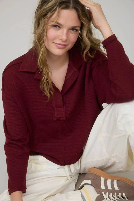Blu Pepper exposed seam knit polo long sleeve top near Rochester MN trendy burgandy color