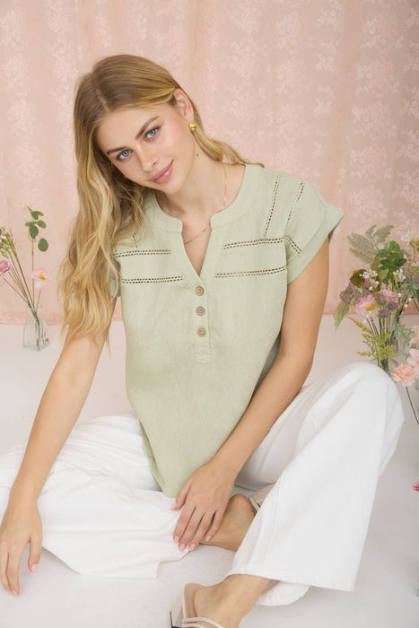 CROCHET LINE LACE HALF BUTTON SHORT SLEEVE TOP