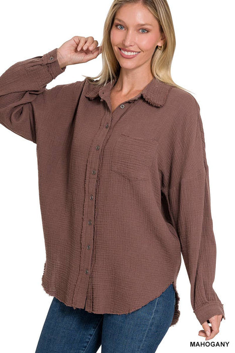 Oversized Raw Edge Shirt With Back Patch Zenana Brand