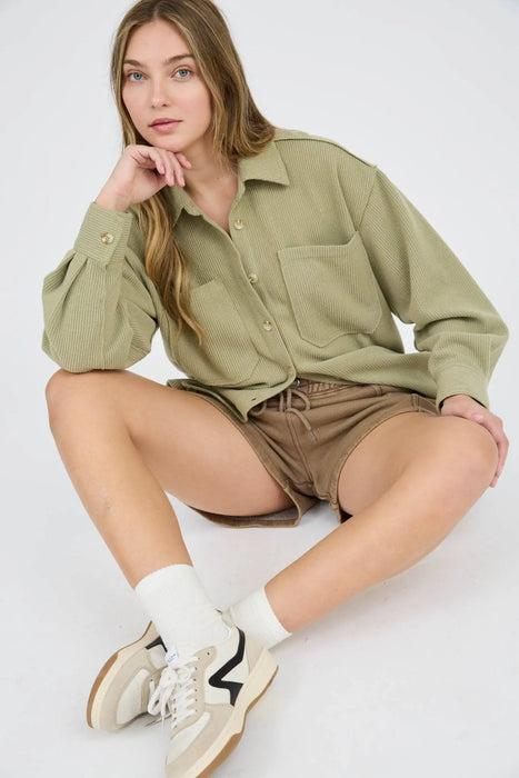 RIB KNIT EXPOSED SEAM BUTTON UP SHACKET JACKET