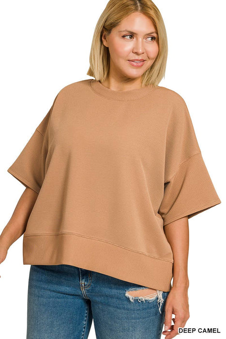 Plus Size Ribbed Round Neck Waist Banded Tee Shirt