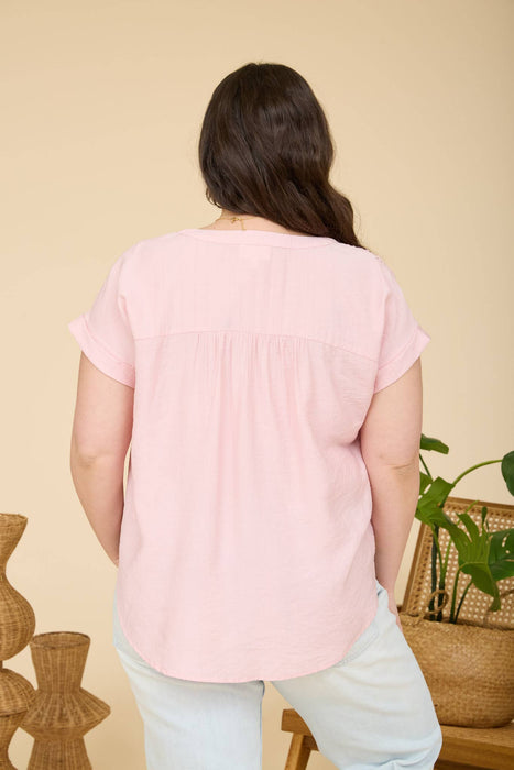 PLUS SIZE HALF BUTTON LACE TRIM SHORT SLEEVE TOP