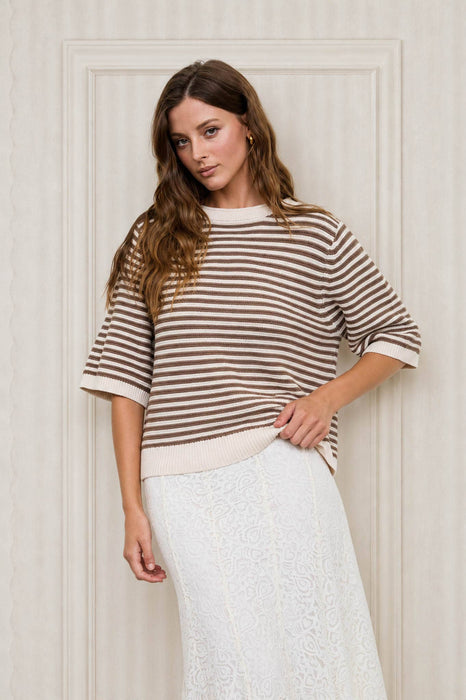 TEXTURED STRIPE CREW NECK HALF SLEEVE SWEATER