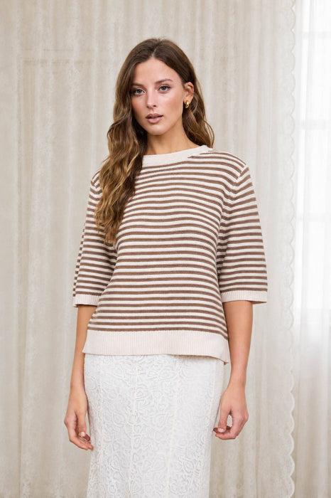 TEXTURED STRIPE CREW NECK HALF SLEEVE SWEATER