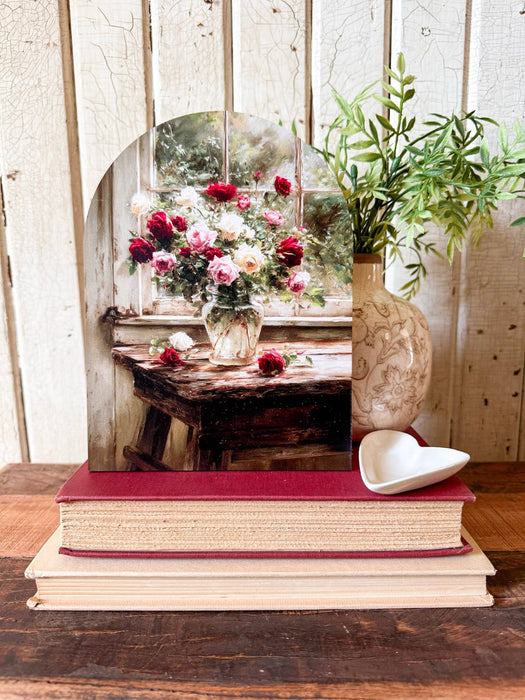 Roses on Table Art Print Arched Wood Sign