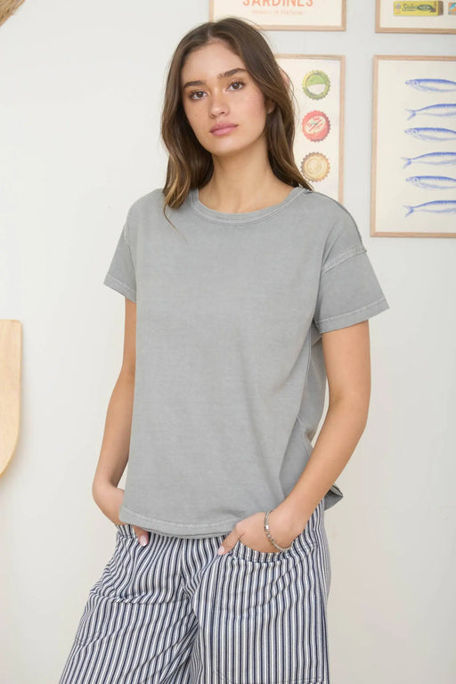 Cotton exposed seam knit top short sleeve front view