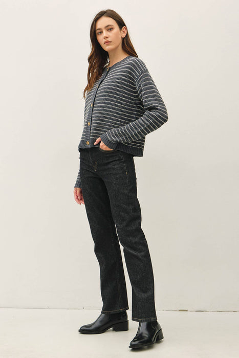 STRIPED WAFFLE KNIT BOXY CARDIGAN