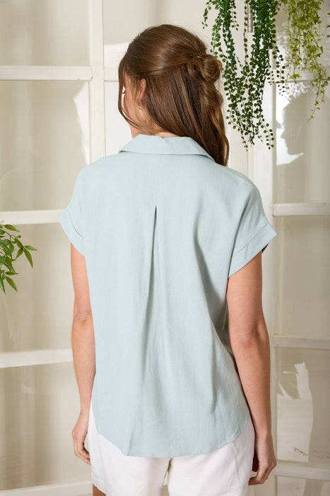 COLLARED SPLIT NECK CUFF SLEEVE U HEM LINEN TOP