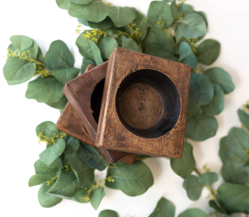 Square Petite Wood Bowl with candle insert