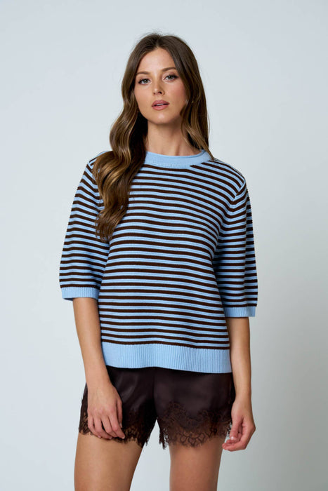 TEXTURED STRIPE CREW NECK HALF SLEEVE SWEATER
