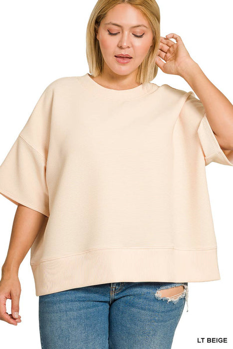 Plus Size Ribbed Round Neck Waist Banded Tee Shirt