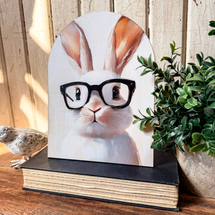 Bunny with Glasses Arched Wood Sign Shelf Sitter