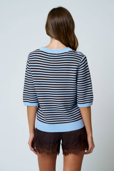 TEXTURED STRIPE CREW NECK HALF SLEEVE SWEATER