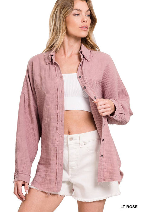 Oversized Raw Edge Shirt With Back Patch Zenana Brand