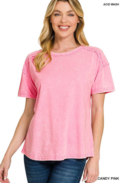 Acid Washed Round Neck T-Shirt – Relaxed Fit, 3 Color Options | Zenana | Heartland Store MN