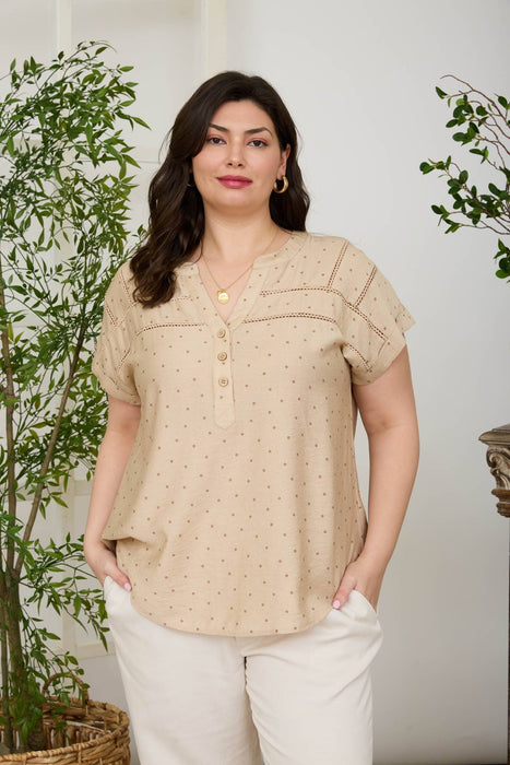 PLUS POLKA DOT LACE TRIM HALF BUTTON TOP
