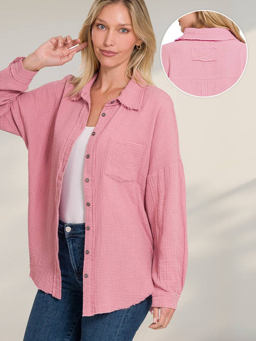Women's Oversized Raw Edge Button-Up Shirt with Back Patch