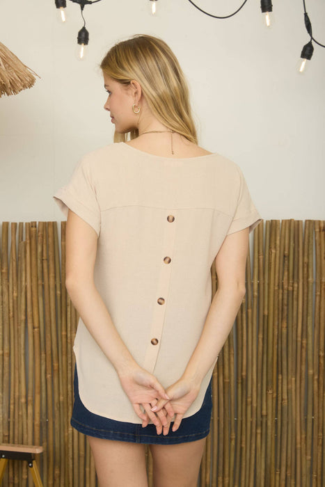 SPLIT NECK BACK BUTTON SHORT FOLD SLEEVE TOP