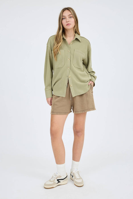 RIB KNIT EXPOSED SEAM BUTTON UP TOP