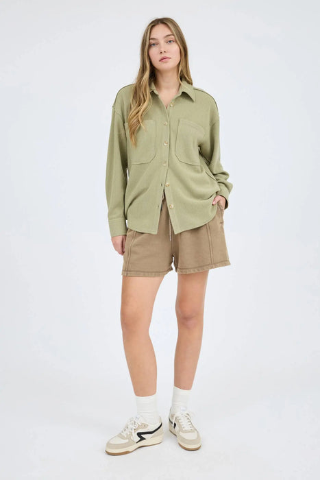 RIB KNIT EXPOSED SEAM BUTTON UP SHACKET JACKET