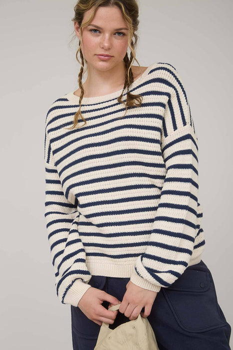 WOMENS CREW NECK DROP SHOULDER NAVY STRIPED SWEATER BLU PEPPER BRAND