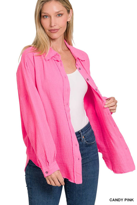 Oversized Raw Edge Shirt With Back Patch Zenana Brand