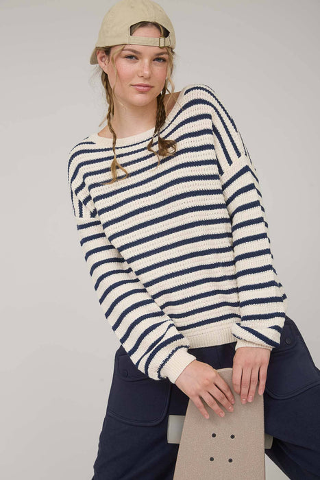 WOMENS CREW NECK DROP SHOULDER NAVY STRIPED SWEATER BLU PEPPER BRAND